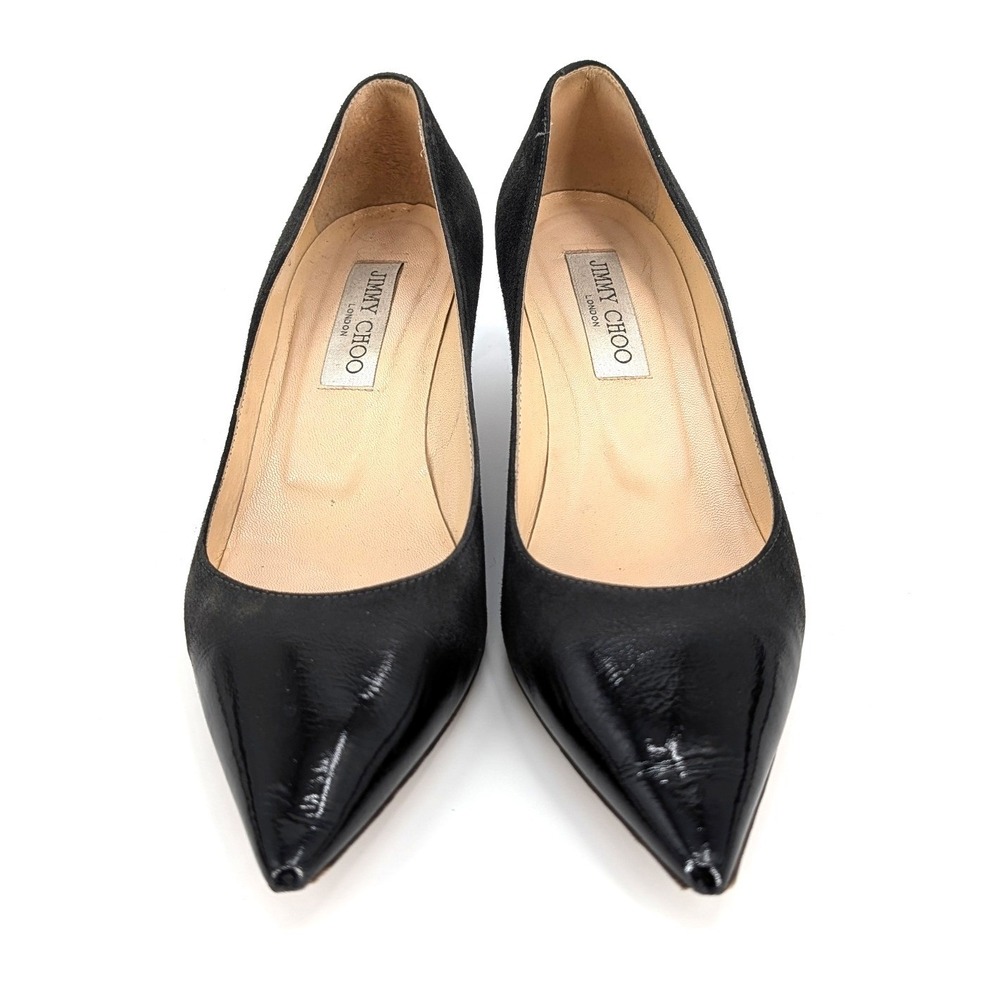 Jimmy Choo Black Suede Patent Leather Kitten Heel Pointed Toe Pumps Size 37.5 - Picture 5 of 7